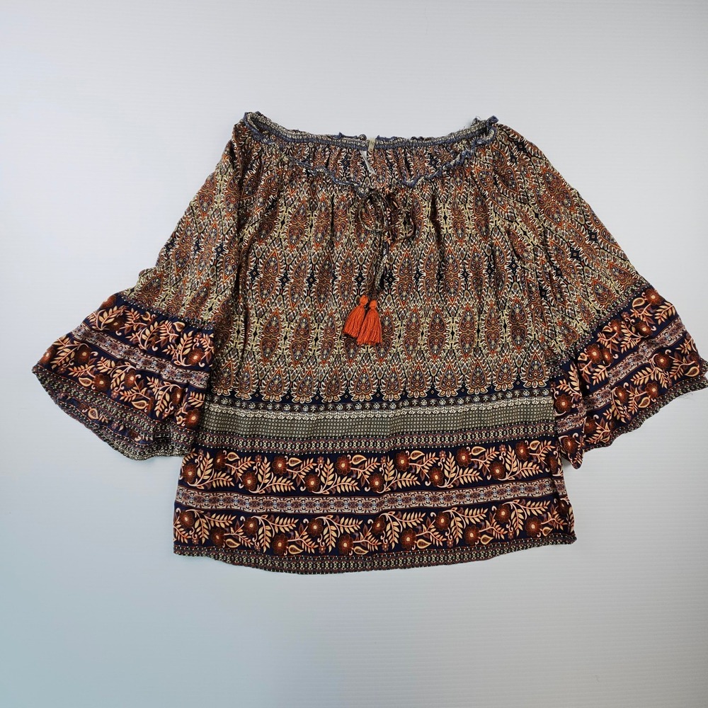 Mittoshop Boho Paisley Tapestry Print Bell Sleeve Tassel Blouse Small 10727A